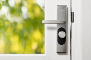 A handle and lock on a door